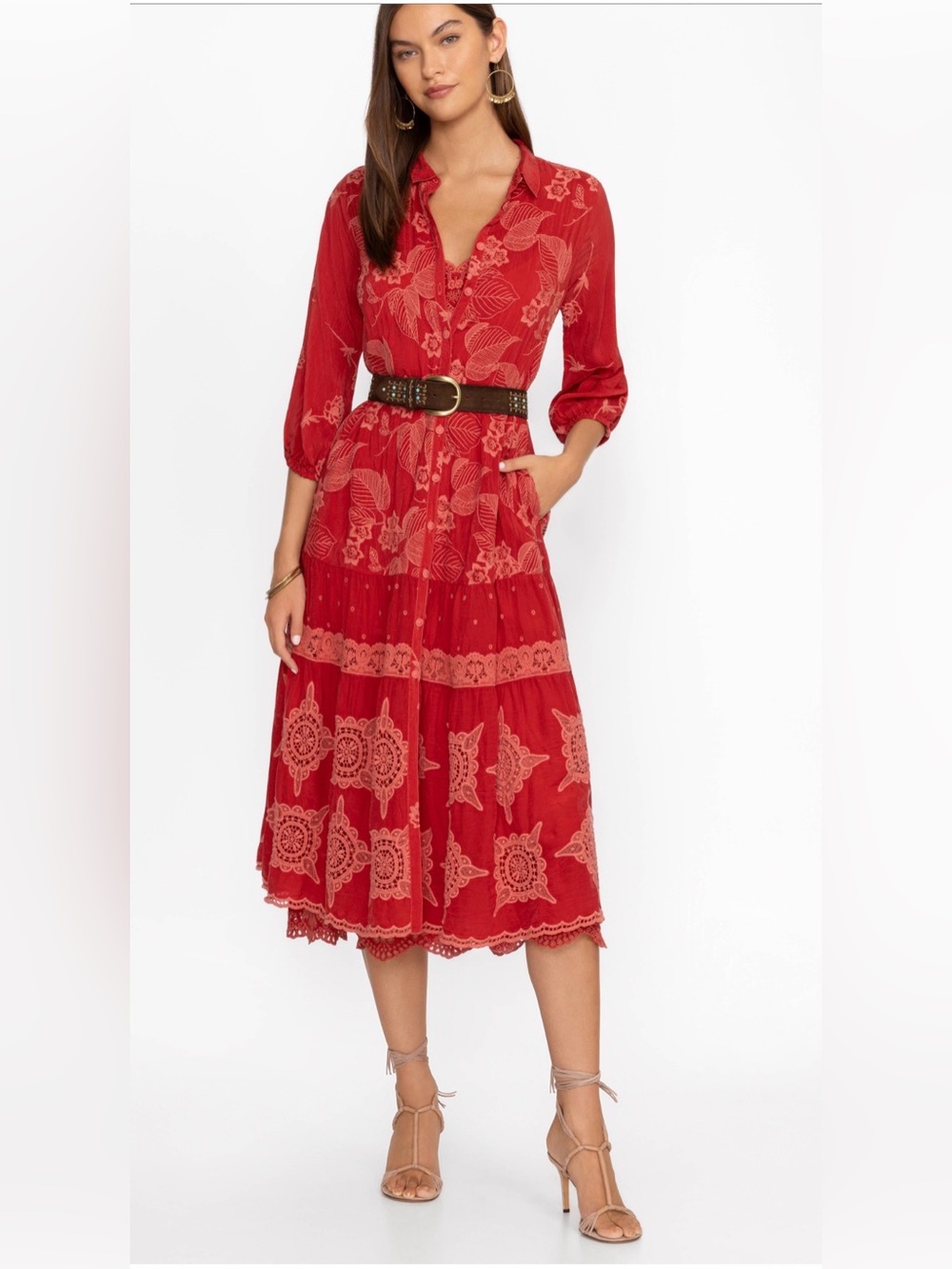 Johnny Was Red Embroidered Lace-Trim Midi Dress